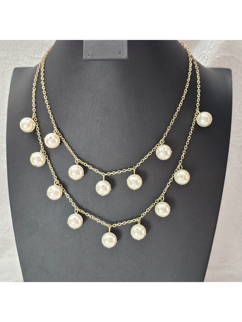 Gold Tone Double Strand Faux Pearl Rhinestone Dot Dangle Necklace Bridal Elegant